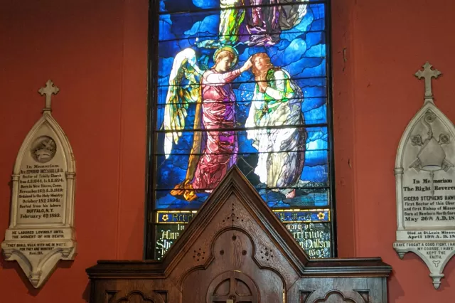 Megan in front of John LaFarge's "The Sealing of the Twelve Tribes" in the side chapel at Trinity near the new office space. 